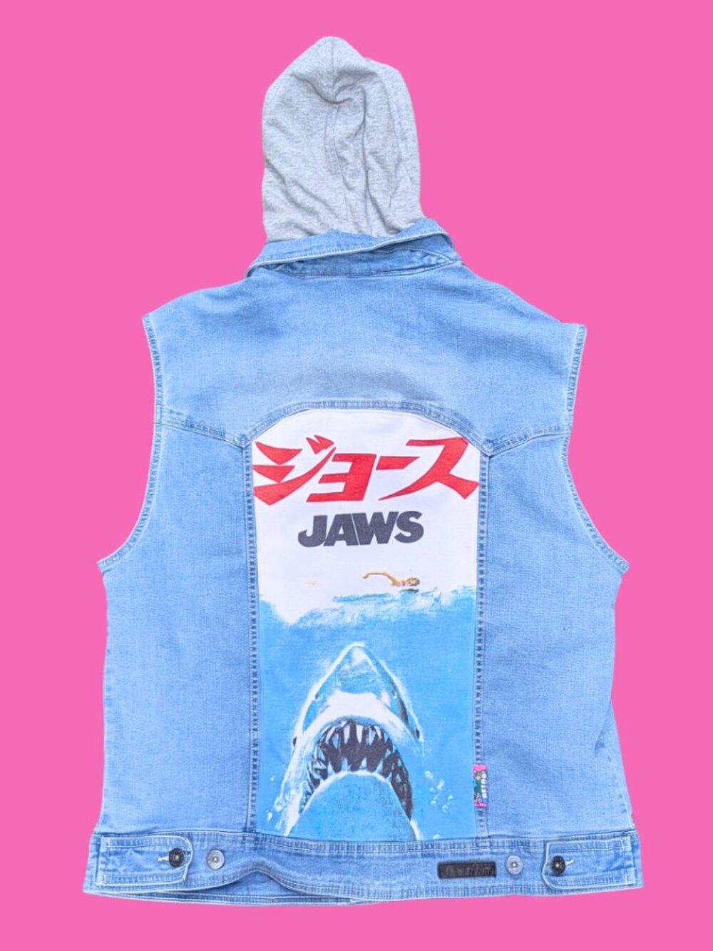 Jaws Upcycled T-Shirt Sleeves Denim Jacket with Hoodie Size XL